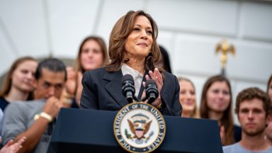 WASHINGTON, DC - JULY 21: U.S. Vice President Kamala Harris speaks during an NCAA championship teams celebration on the South Lawn of the White House on July 22, 2024 in Washington, DC. U.S. President Joe Biden abandoned his campaign for a second term after weeks of pressure from fellow Democrats to withdraw and just months ahead of the November election, throwing his support behind Harris. (Photo by Andrew Harnik/Getty Images)