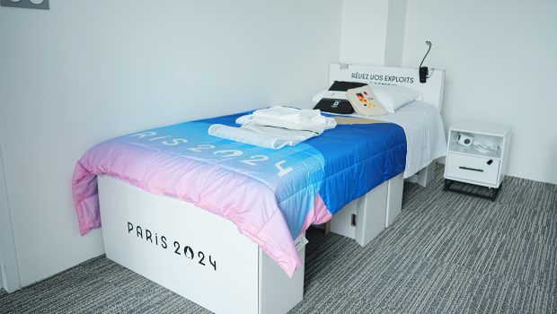 23 July 2024, France, Paris: Before the Summer Olympics, Paris 2024 Olympics, view of a bed in the German accommodation in the Olympic Village for athletes. Photo: Michael Kappeler/dpa (Photo by Michael Kappeler/picture alliance via Getty Images)