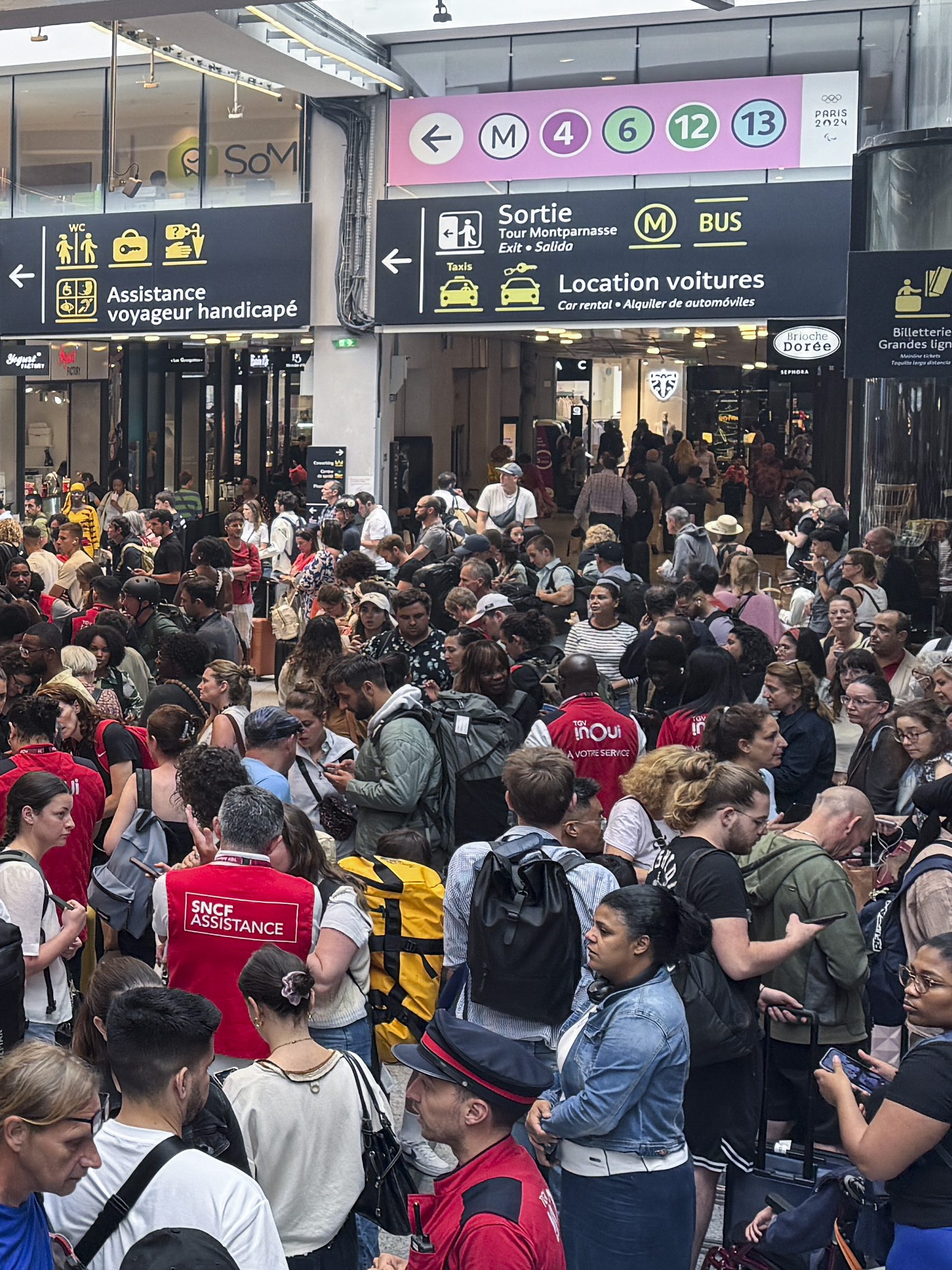 A view of the Montparnasse train station in Paris, France on July 26, 2024, as France's high-speed TGV network was severely disrupted by what officials described as 'criminal actions' ahead of the Paris Olympic opening ceremony later in the day. Train traffic is extremely disrupted in Paris following coordinated acts of sabotage on several lines last night. The SNCF is calling it a 'massive attack'. (Photo by Mehmet Murat Onel/Anadolu via Getty Images)