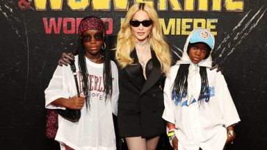 NEW YORK, NEW YORK - JULY 22: (EXCLUSIVE CONTENT) (L-R) Estere, Madonna, and Stella attend the Deadpool & Wolverine World Premiere at the David H. Koch Theater on July 22, 2024 in New York City. (Photo by Kevin Mazur/WireImage)