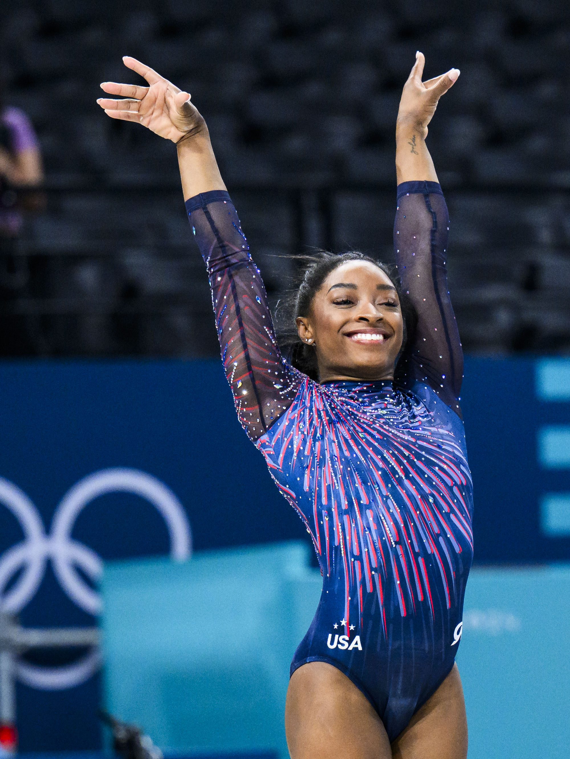 PARIS, FRANCE - JULY 25: Simone Biles of Team United States smiles during a Gymnastics training session ahead of the Paris 2024 Olympics Games on July 25, 2024 in Paris, France. (Photo by Tom Weller/VOIGT/GettyImages)