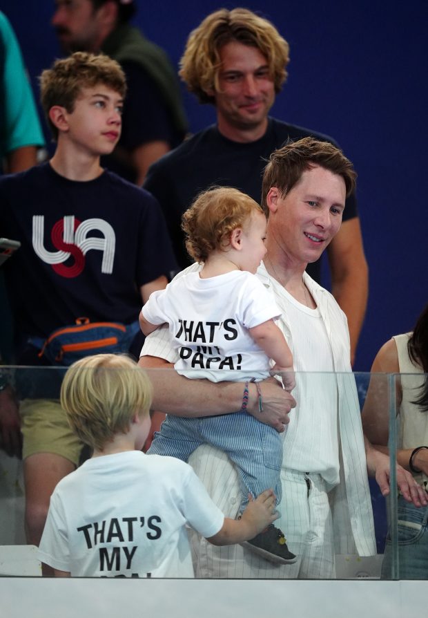 Dustin Lance Black, husband of Great Britain's Tom Daley, during the Men's Synchronised 10m Platform Final at the Aquatics Centre on the third day of the 2024 Paris Olympic Games in France. Picture date: Monday July 29, 2024. (Photo by Mike Egerton/PA Images via Getty Images)