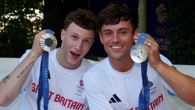 Great Britain's Tom Daley and Noah Williams at Team GB House, after winning a silver medal in the men's Synchronised 10m Platform Final on the third day of the 2024 Paris Olympic Games in France. Picture date: Monday July 29, 2024. (Photo by Peter Byrne/PA Images via Getty Images)