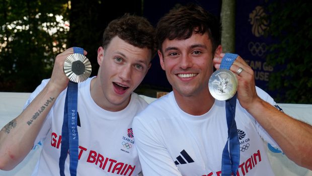 Great Britain's Tom Daley and Noah Williams at Team GB House, after winning a silver medal in the men's Synchronised 10m Platform Final on the third day of the 2024 Paris Olympic Games in France. Picture date: Monday July 29, 2024. (Photo by Peter Byrne/PA Images via Getty Images)