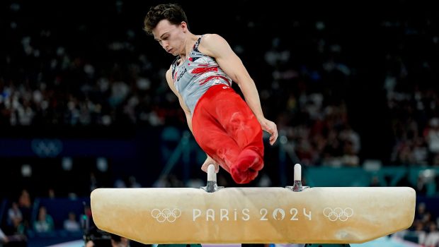 PARIS, FRANCE - JULY 29: Stephen Nedoroscik of United States on Pommel Horse during the Men's Artistic Gymnastics Team Final on day three of the Olympic Games Paris 2024 at Bercy Arena on July 29, 2024 in Paris, France. (Photo by Daniela Porcelli/Eurasia Sport Images/Getty Images)