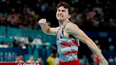 PARIS, FRANCE - JULY 29: Stephen Nedoroscik of United States celebrates his performance on Pommel Horse during the Men's Artistic Gymnastics Team Final on day three of the Olympic Games Paris 2024 at Bercy Arena on July 29, 2024 in Paris, France. (Photo by Daniela Porcelli/Eurasia Sport Images/Getty Images)