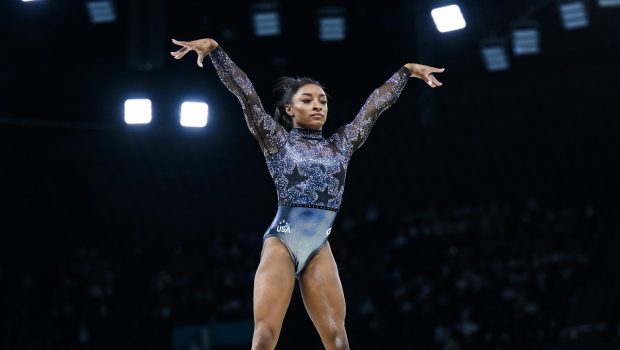 Simone Biles competing on balance beam in Paris