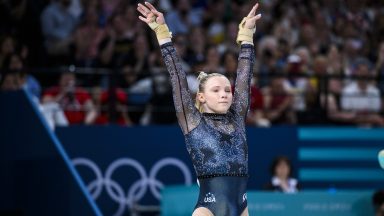 PARIS, FRANCE - JULY 28: Jade Carey from Team United States reacts after her exercise on the vault during day two of the Olympic Games Paris 2024 at the Bercy Arena on July 28, 2024 in Paris, France. (Photo by Tom Weller/VOIGT/GettyImages)