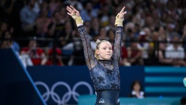 PARIS, FRANCE - JULY 28: Jade Carey from Team United States reacts after her exercise on the vault during day two of the Olympic Games Paris 2024 at the Bercy Arena on July 28, 2024 in Paris, France. (Photo by Tom Weller/VOIGT/GettyImages)