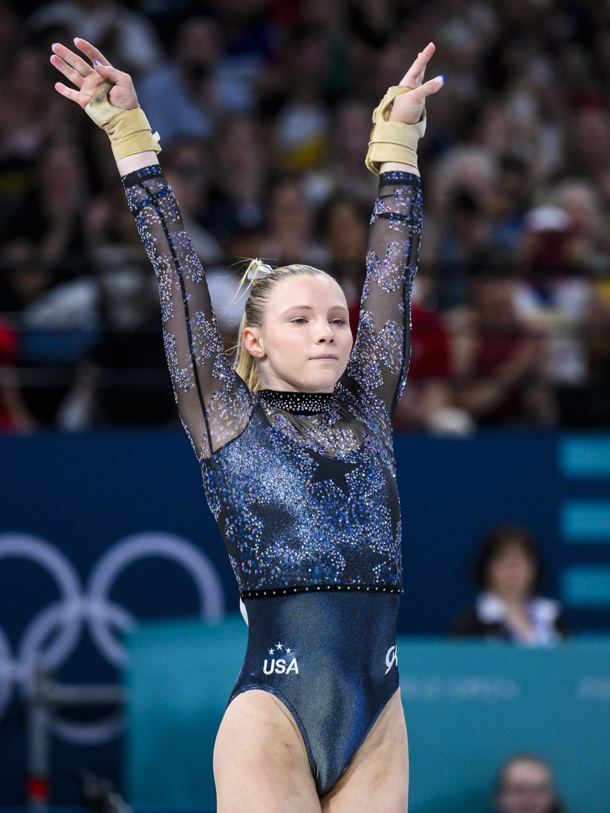 PARIS, FRANCE - JULY 28: Jade Carey from Team United States reacts after her exercise on the vault during day two of the Olympic Games Paris 2024 at the Bercy Arena on July 28, 2024 in Paris, France. (Photo by Tom Weller/VOIGT/GettyImages)