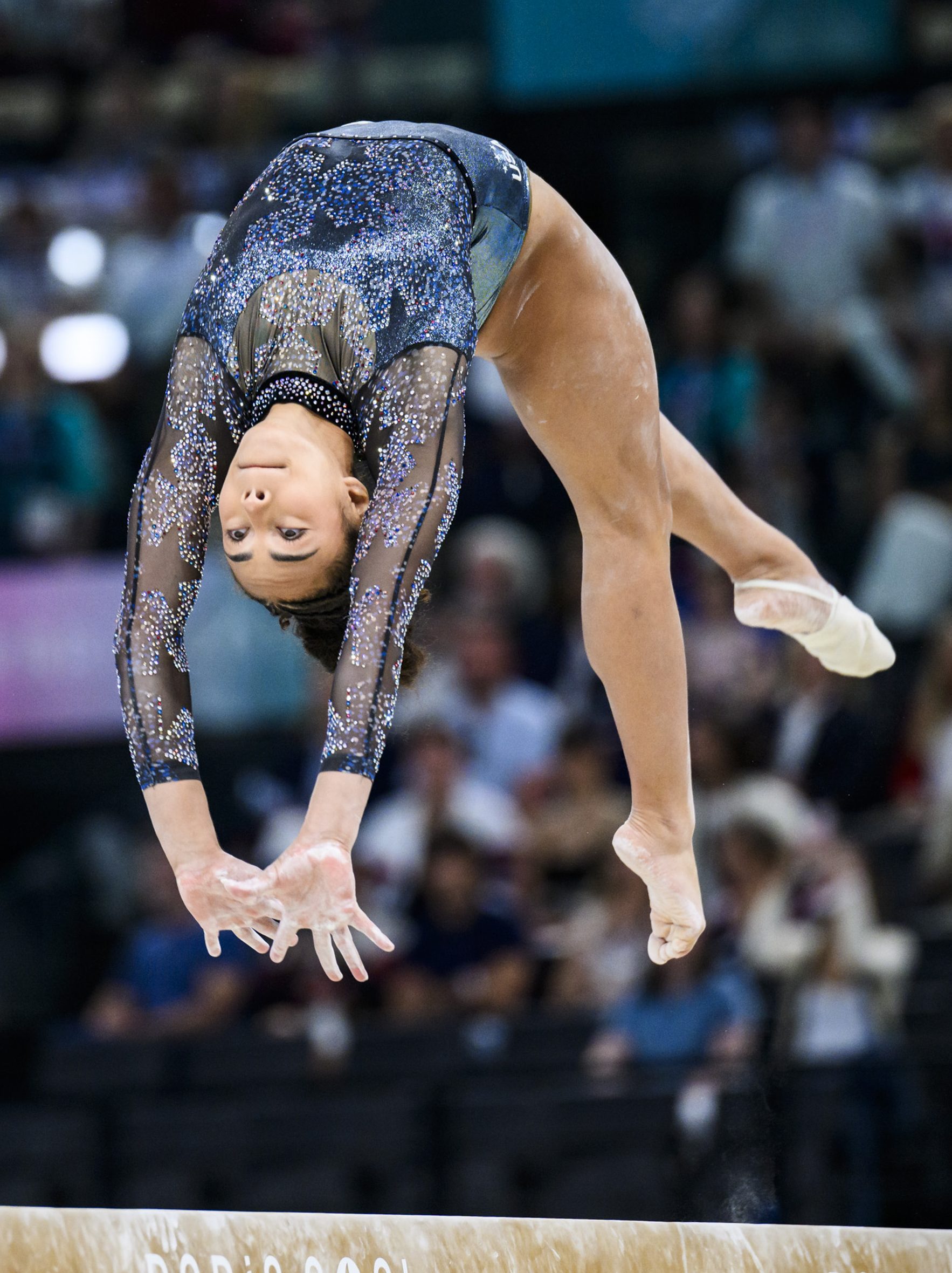 PARIS, FRANCE - JULY 28: Hezly Rivera from Team United States competes on the balance beam during day two of the Olympic Games Paris 2024 at the Bercy Arena on July 28, 2024 in Paris, France. (Photo by Tom Weller/VOIGT/GettyImages)
