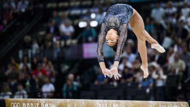 PARIS, FRANCE - JULY 28: Hezly Rivera from Team United States competes on the balance beam during day two of the Olympic Games Paris 2024 at the Bercy Arena on July 28, 2024 in Paris, France. (Photo by Tom Weller/VOIGT/GettyImages)