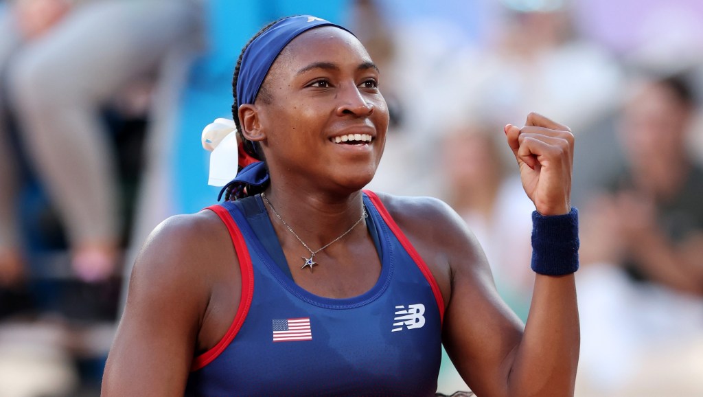 PARIS, FRANCE - JULY 28: Coco Gauff of Team United States celebrates winning match point against Ajla Tomljanovic of Team Australia during the Women’s Singles first round match on day two of the Olympic Games Paris 2024 at Roland Garros on July 28, 2024 in Paris, France. (Photo by Matthew Stockman/Getty Images)