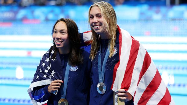 NANTERRE, FRANCE - JULY 28: Gold Medalist Torri Huske (L) and Silver Medalist Gretchen Walsh (R) of Team United States pose following the Swimming medal ceremony after the Women’s 100m Butterfly Final on day two of the Olympic Games Paris 2024 at Paris La Defense Arena on July 28, 2024 in Nanterre, France. (Photo by Sarah Stier/Getty Images)