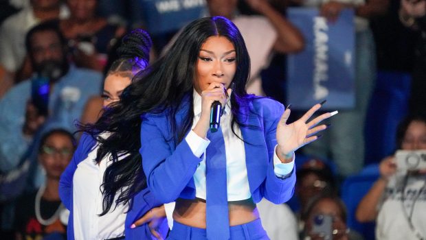 ATLANTA, GEORGIA - JULY 30: Megan Thee Stallion performs onstage at a campaign rally for Democratic presidential candidate, U.S. Vice President Kamala Harris at the Georgia State Convocation Center on July 30, 2024 in Atlanta, Georgia. (Photo by Julia Beverly/Getty Images)