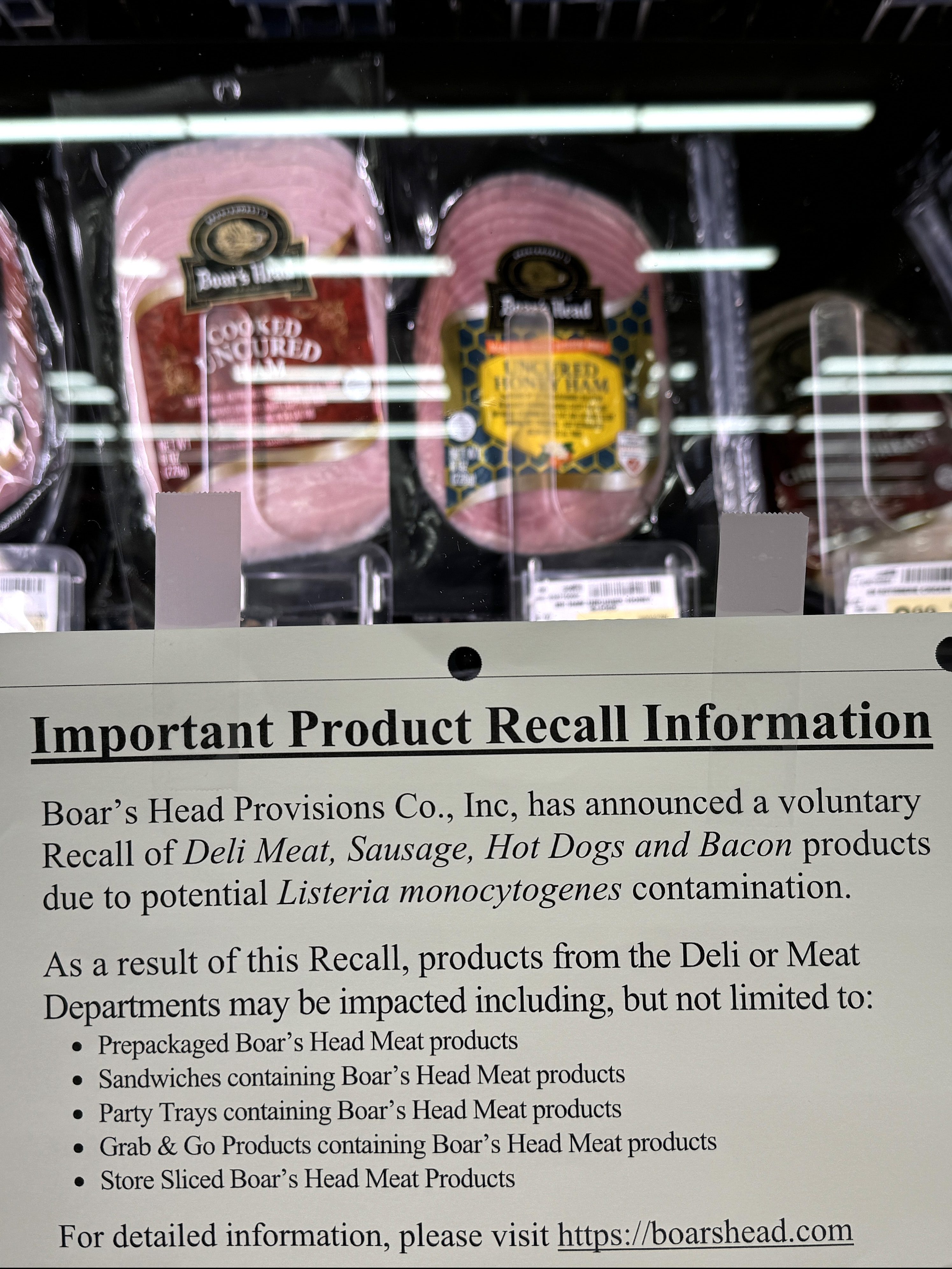 SAN RAFAEL, CALIFORNIA - JULY 31: A recall notice is posted next to Boar's Head meats that are displayed at a Safeway store on July 31, 2024 in San Rafael, California. According to the U.S. Department of Agriculture’s Food Safety and Inspection Service, Boar's Head has expanded its recall of ready-to-eat meat and poultry products to nearly 7 million additional pounds due to a listeria outbreak. (Photo by Justin Sullivan/Getty Images)