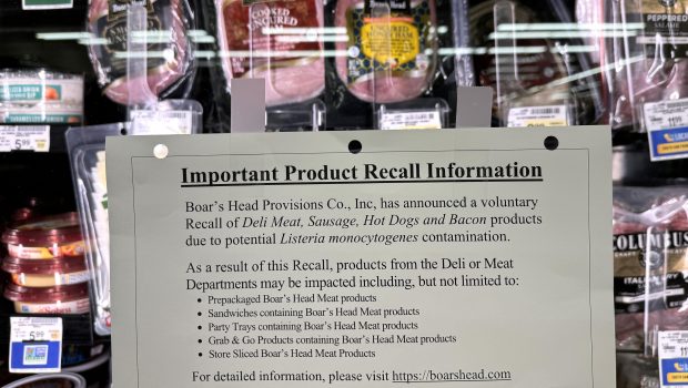 SAN RAFAEL, CALIFORNIA - JULY 31: A recall notice is posted next to Boar's Head meats that are displayed at a Safeway store on July 31, 2024 in San Rafael, California. According to the U.S. Department of Agriculture’s Food Safety and Inspection Service, Boar's Head has expanded its recall of ready-to-eat meat and poultry products to nearly 7 million additional pounds due to a listeria outbreak. (Photo by Justin Sullivan/Getty Images)