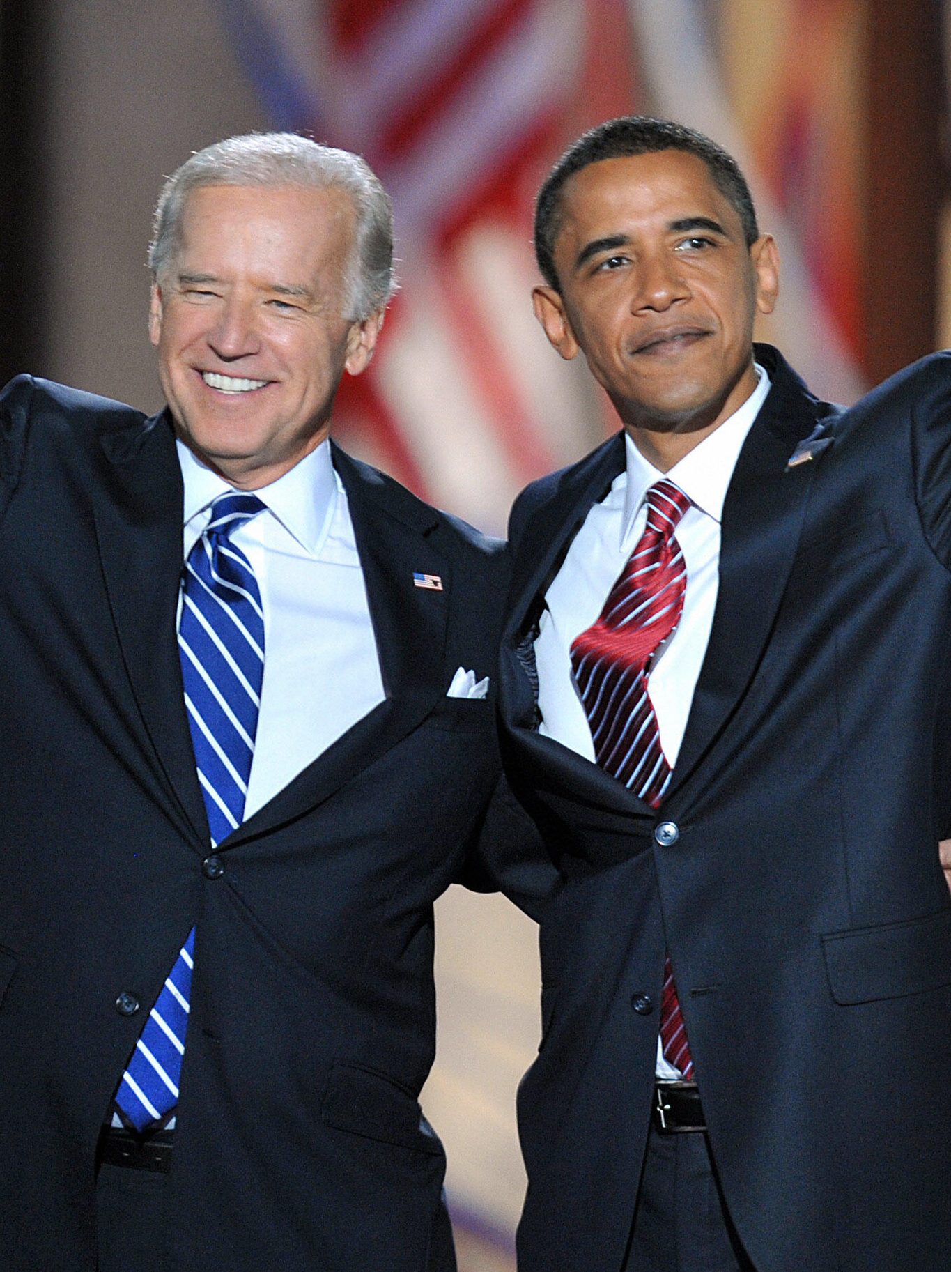 Barack Obama and Joe Biden appear on stage at the end of the Democratic National Convention 2008