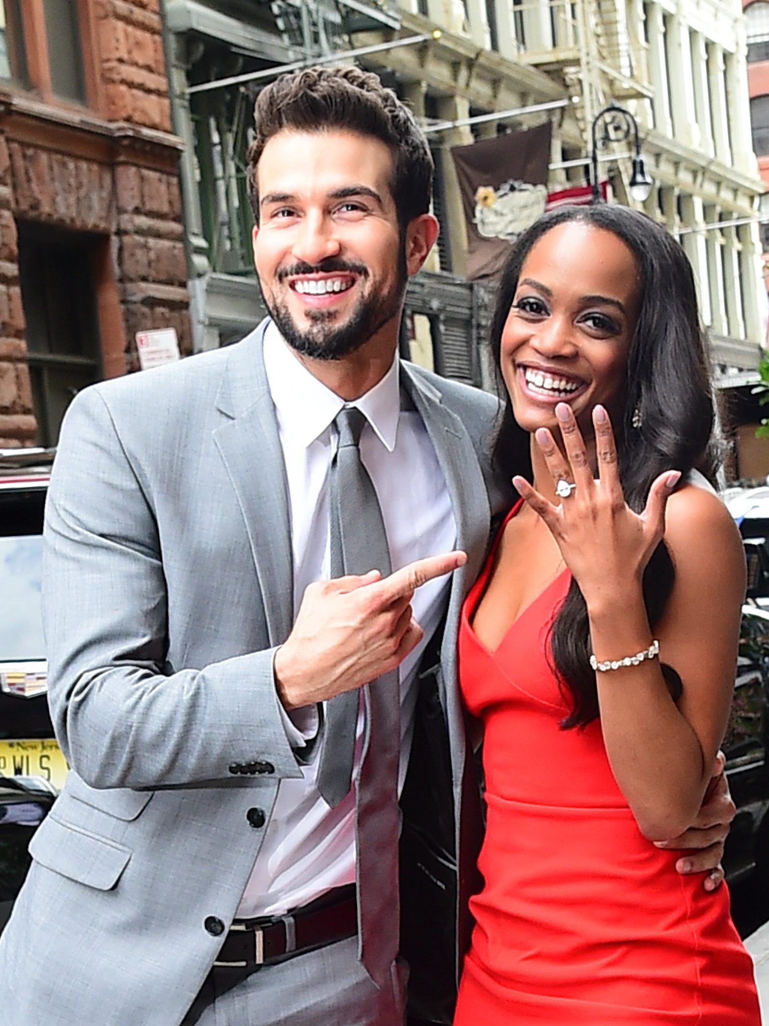 NEW YORK, NY - AUGUST 08:  Bachelorette's Rachel Lindsay and her fiance, Bryan Abasolo arrive at "Aol Live" on August 8, 2017 in New York City.  (Photo by Raymond Hall/GC Images)