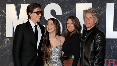 Millie Bobby Brown alongside Jake Bongiovi, Jon Bon Jovi, and Dorothea Hurley at event.