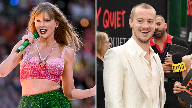 Taylor Swift at concert and Joseph Quinn at an event.