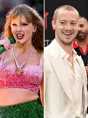 Taylor Swift at concert and Joseph Quinn at an event.
