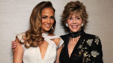 BEVERLY HILLS, CA - JUNE 04:  Jennifer Lopez and honoree Jane Fonda pose at The UCLA Longevity Center's 20th Anniversary ICON Awards Gala at The Beverly Hilton hotel on June 4, 2011 in Beverly Hills, California.  (Photo by Mark Sullivan/WireImage)