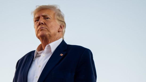 Donald Trump looks on during a rally at the Waco Regional Airport