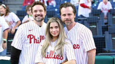 PHILADELPHIA, PENNSYLVANIA - SEPTEMBER 27: (L-R) Actors Will Friedle, Danielle Fishel and Rider Strong pose for a photo during a game between the Philadelphia Phillies and the Pittsburgh Pirates at Citizens Bank Park on September 27, 2023 in Philadelphia, Pennsylvania. (Photo by Tim Nwachukwu/Getty Images)