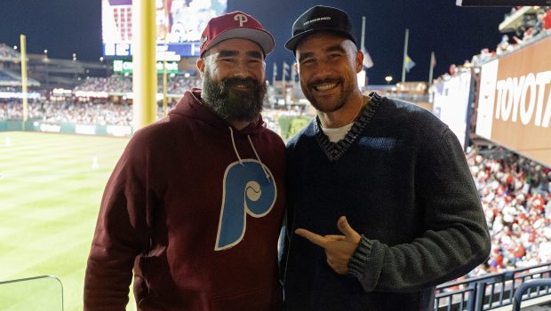 PHILADELPHIA, PA - OCTOBER 16:  Jason and Travis Kelce pose for a photo during Game 1 of the NLCS between the Arizona Diamondbacks and the Philadelphia Phillies at Citizens Bank Park on Monday, October 16, 2023 in Philadelphia, Pennsylvania. (Photo by Gabriella Ricciardi/MLB Photos via Getty Images)