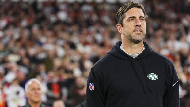 CLEVELAND, OH - DECEMBER 28: Aaron Rodgers #8 of the New York Jets looks on before kickoff against the Cleveland Browns at Cleveland Browns Stadium on December 28, 2023 in Cleveland, Ohio. (Photo by Cooper Neill/Getty Images)