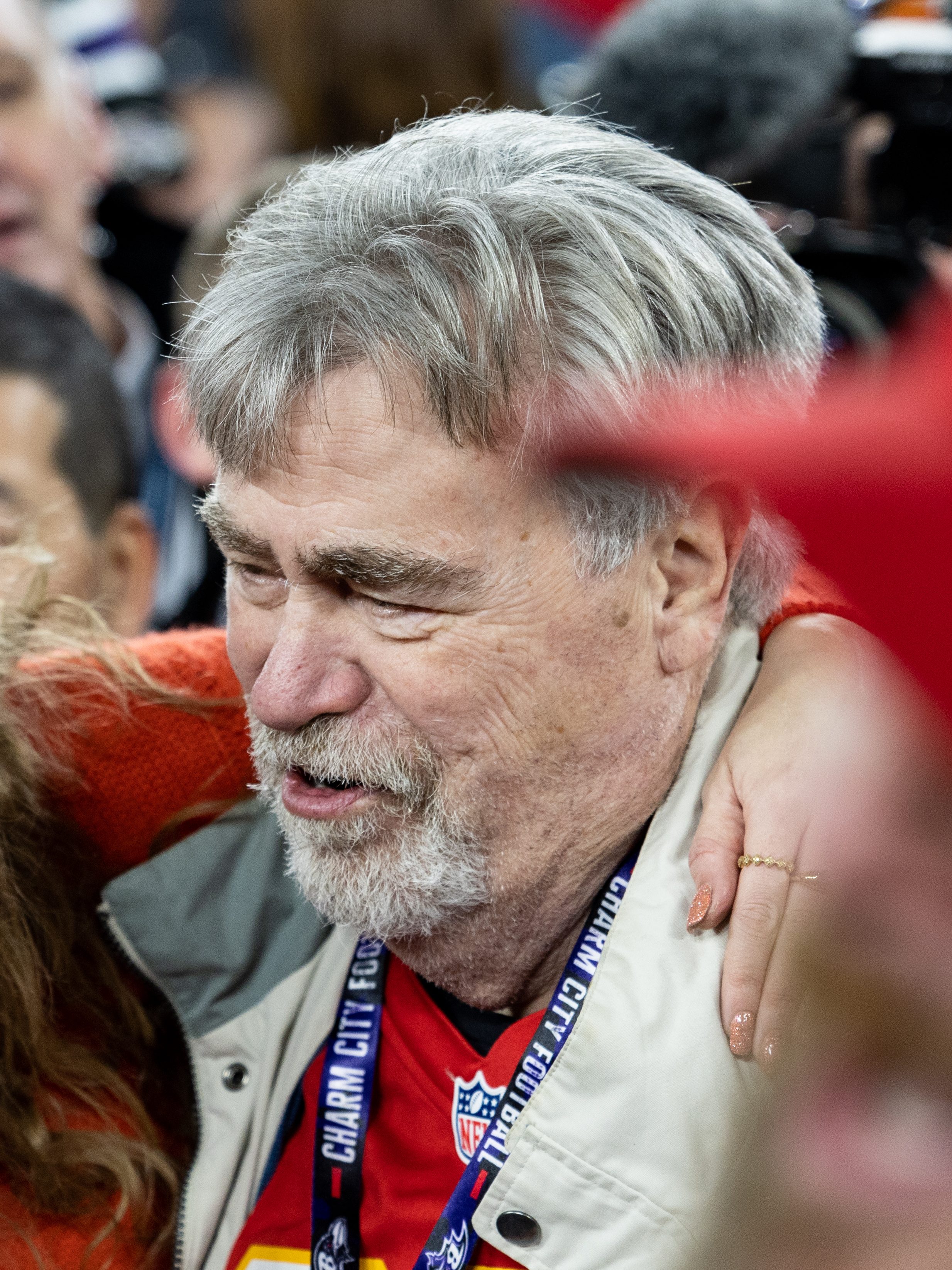 BALTIMORE, MARYLAND - JANUARY 28: Taylor Swift reacts as she hugs Ed Kielce after the AFC Championship NFL football game between the Kansas City Chiefs and Baltimore Ravens at M&T Bank Stadium on January 28, 2024 in Baltimore, Maryland. (Photo by Kara Durrette/Getty Images)