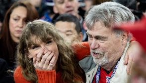 BALTIMORE, MARYLAND - JANUARY 28: Taylor Swift reacts as she hugs Ed Kielce after the AFC Championship NFL football game between the Kansas City Chiefs and Baltimore Ravens at M&T Bank Stadium on January 28, 2024 in Baltimore, Maryland. (Photo by Kara Durrette/Getty Images)