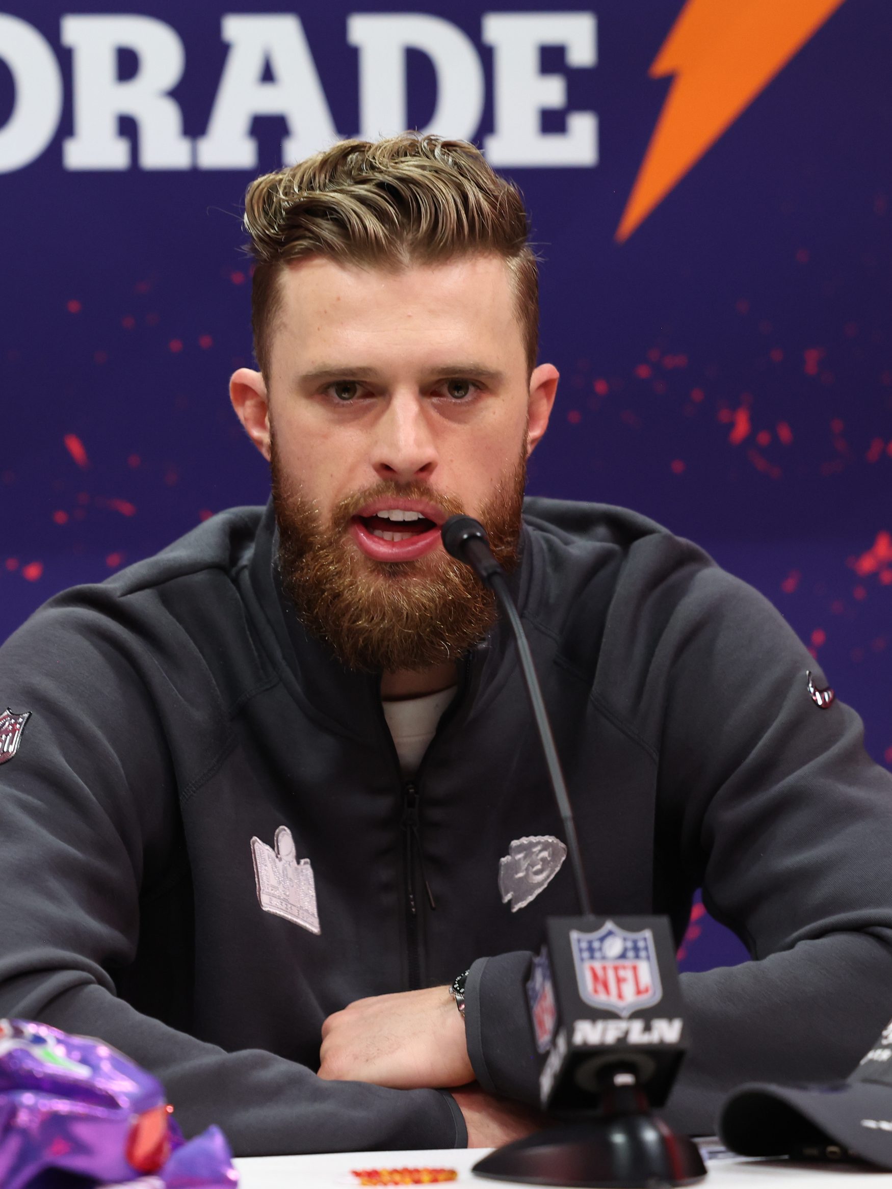 LAS VEGAS, NV - FEBRUARY 5: Harrison Butker #7 of the Kansas City Chiefs speaks with the media during Super Bowl LVIII Opening Night at Allegiant Stadium on February 5, 2024 in Las Vegas, NV. (Photo by Perry Knotts/Getty Images)