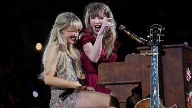 SYDNEY, AUSTRALIA - FEBRUARY 23: EDITORIAL USE ONLY. NO BOOK COVERS Taylor Swift performs with Sabrina Carpenter at Accor Stadium on February 23, 2024 in Sydney, Australia. (Photo by Don Arnold/TAS24/Getty Images for TAS Rights Management)