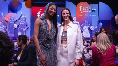 Caitlin Clark and Angel Reese at the WNBA Draft held at the Brooklyn Academy of Music on April 15, 2024 in New York, New York. (Photo by Cora Veltman/Sportico via Getty Images)