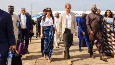 LAGOS, NIGERIA - MAY 12: (EDITORIAL USE ONLY) Prince Harry, Duke of Sussex and Meghan, Duchess of Sussex arrive at the Lagos airport for Official State Welcome on May 12, 2024 in Lagos, Nigeria. (Photo by Andrew Esiebo/Getty Images for The Archewell Foundation)