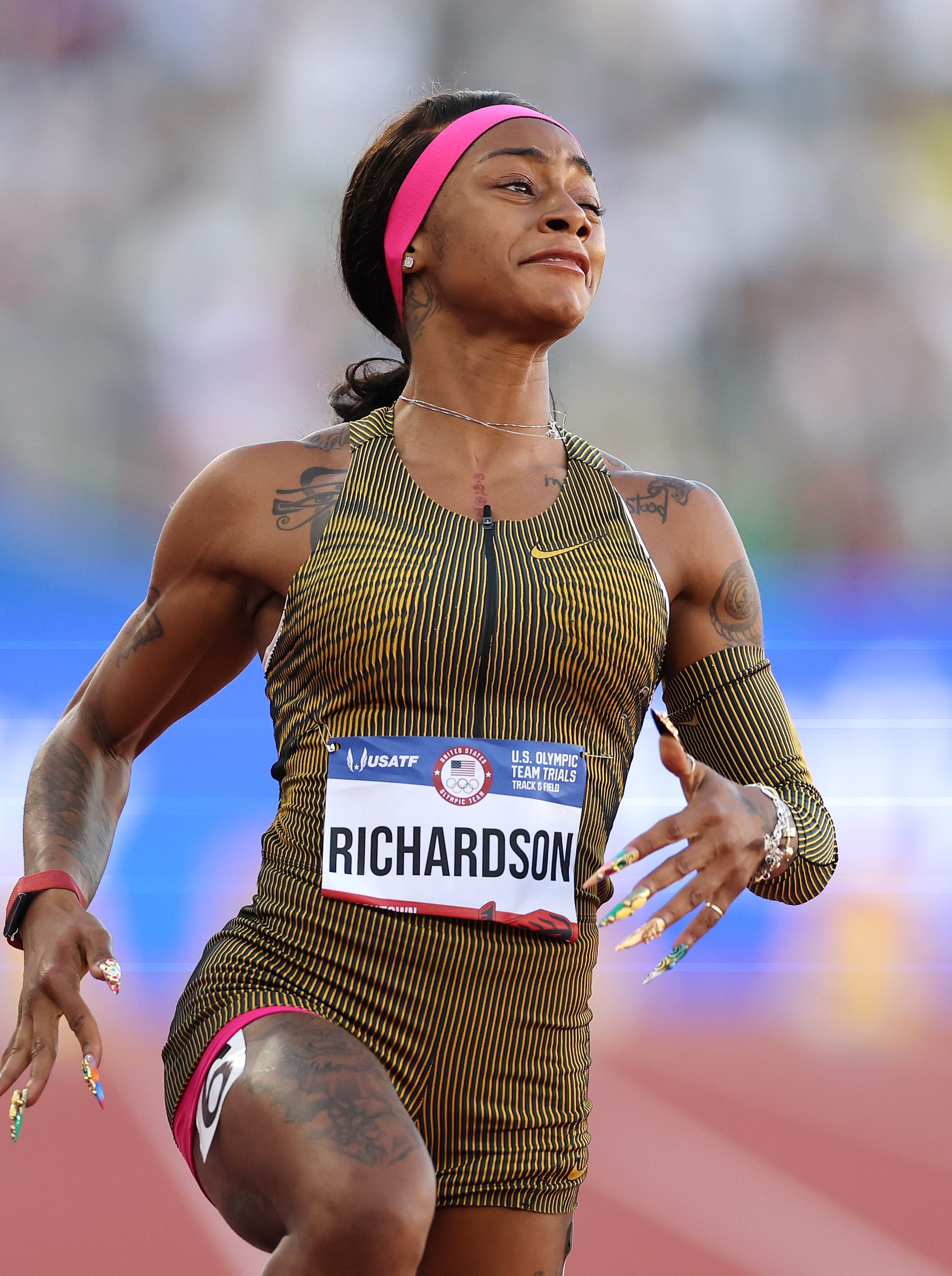 Sha'Carri Richardson reacts after winning the women's 100 meter final on Day Two