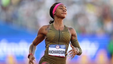 Sha'Carri Richardson reacts after winning the women's 100 meter final on Day Two of the 2024 U.S. Olympic Team