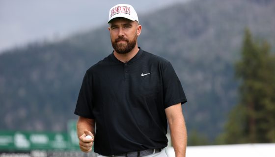 STATELINE, NEVADA - JULY 14: NFL football player Travis Kelce prepares to gift a golf ball at the 18th hole on day three of the 2024 American Century Championship at Edgewood Tahoe Golf Course on July 14, 2024 in Stateline, Nevada. (Photo by Isaiah Vazquez/Getty Images)