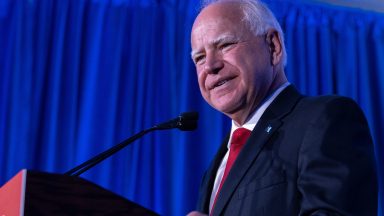 Tim Walz speaks at a Biden-Harris campaign event