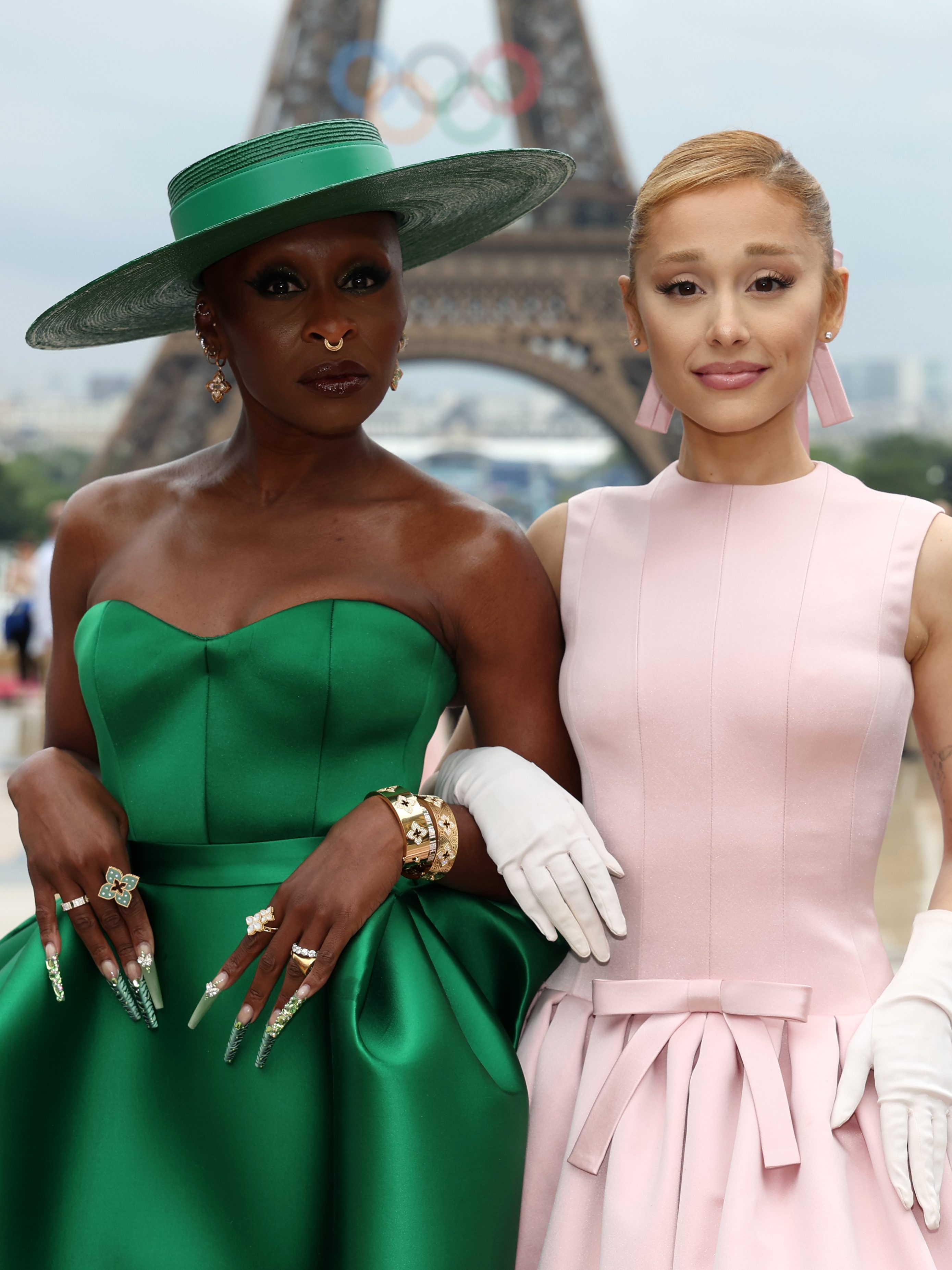 PARIS, FRANCE - JULY 26: (L-R) Cynthia Erivo and Ariana Grande attend the red carpet ahead of the opening ceremony of the Olympic Games Paris 2024 on July 26, 2024 in Paris, France. (Photo by Matthew Stockman/Getty Images)