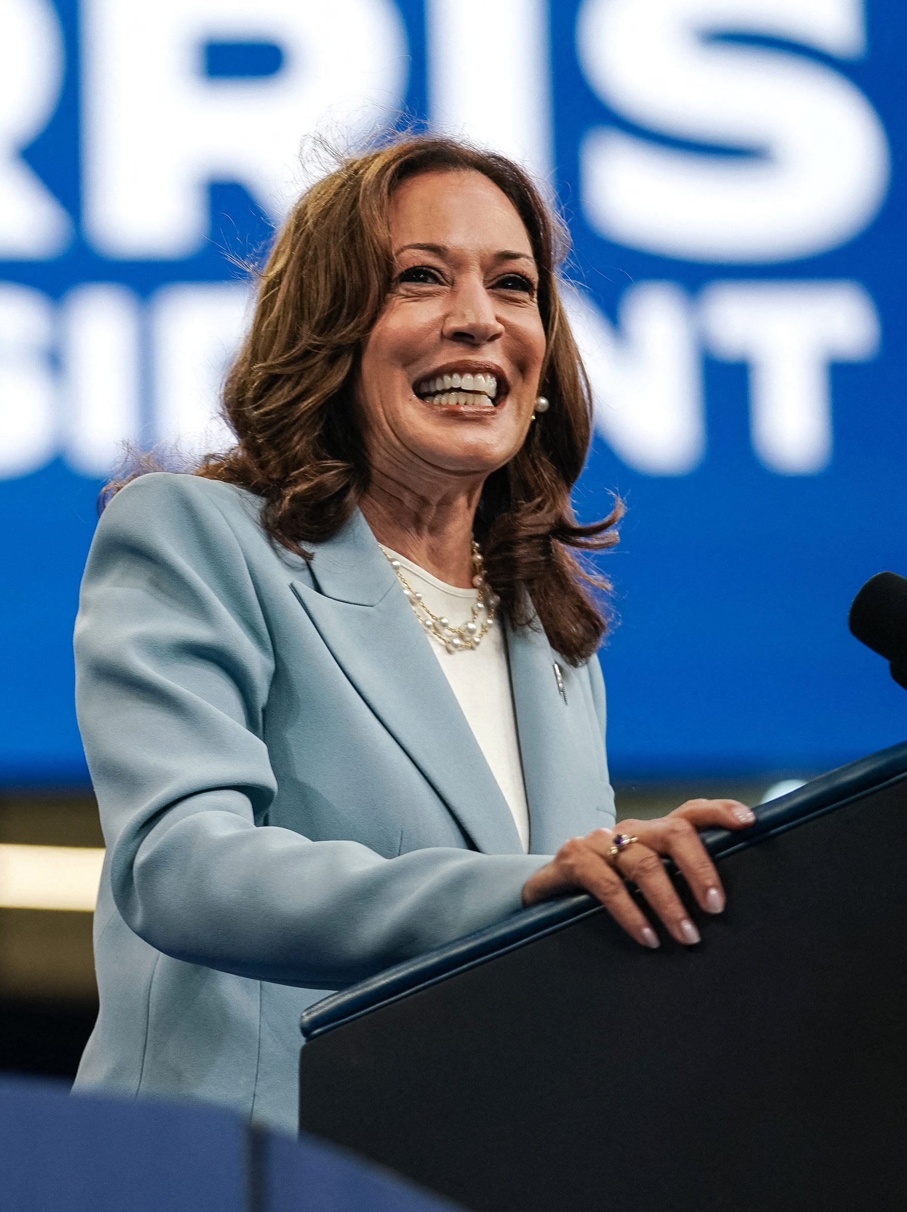 TOPSHOT - US Vice President and 2024 Democratic presidential candidate Kamala Harris speaks at a campaign rally in Atlanta, Georgia, on July 30, 2024. (Photo by Elijah Nouvelage / AFP) (Photo by ELIJAH NOUVELAGE/AFP via Getty Images)