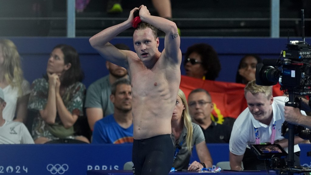 Great Britain's Luke Greenbank after being disqualified after his Men's 200m Backstroke Heat at the Paris La Defense Arena on the fifth day of the 2024 Paris Olympic Games in France. Picture date: Wednesday July 31, 2024. (Photo by Martin Rickett/PA Images via Getty Images)