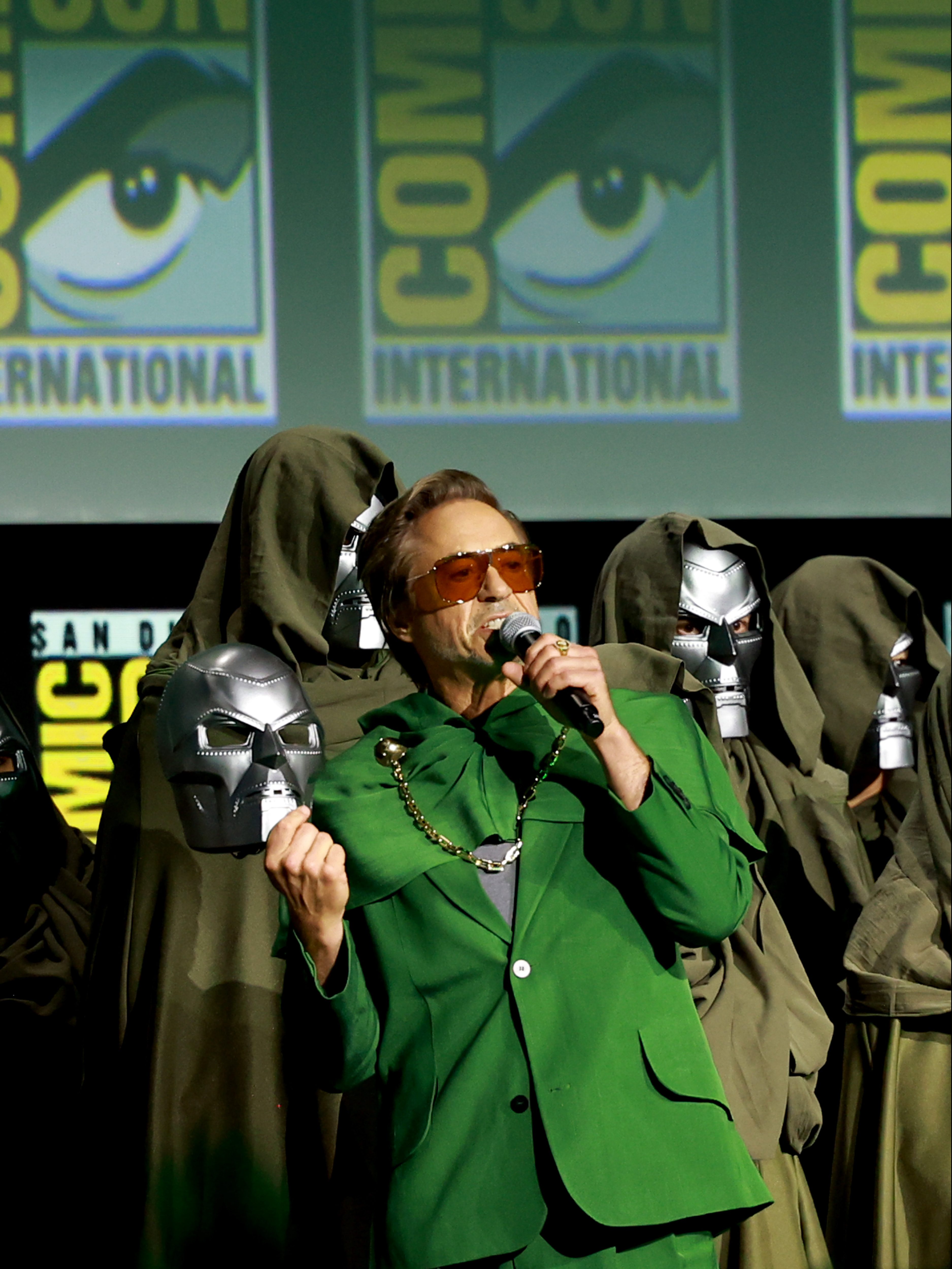 SAN DIEGO, CALIFORNIA - JULY 27: Robert Downey Jr. speaks onstage at the Marvel Studios Panel during 2024 Comic-Con International at San Diego Convention Center on July 27, 2024 in San Diego, California.  (Photo by Matt Winkelmeyer/Getty Images)