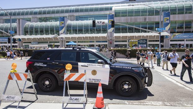 A San Diego Police vehicle is parked across from San Diego Convention Center