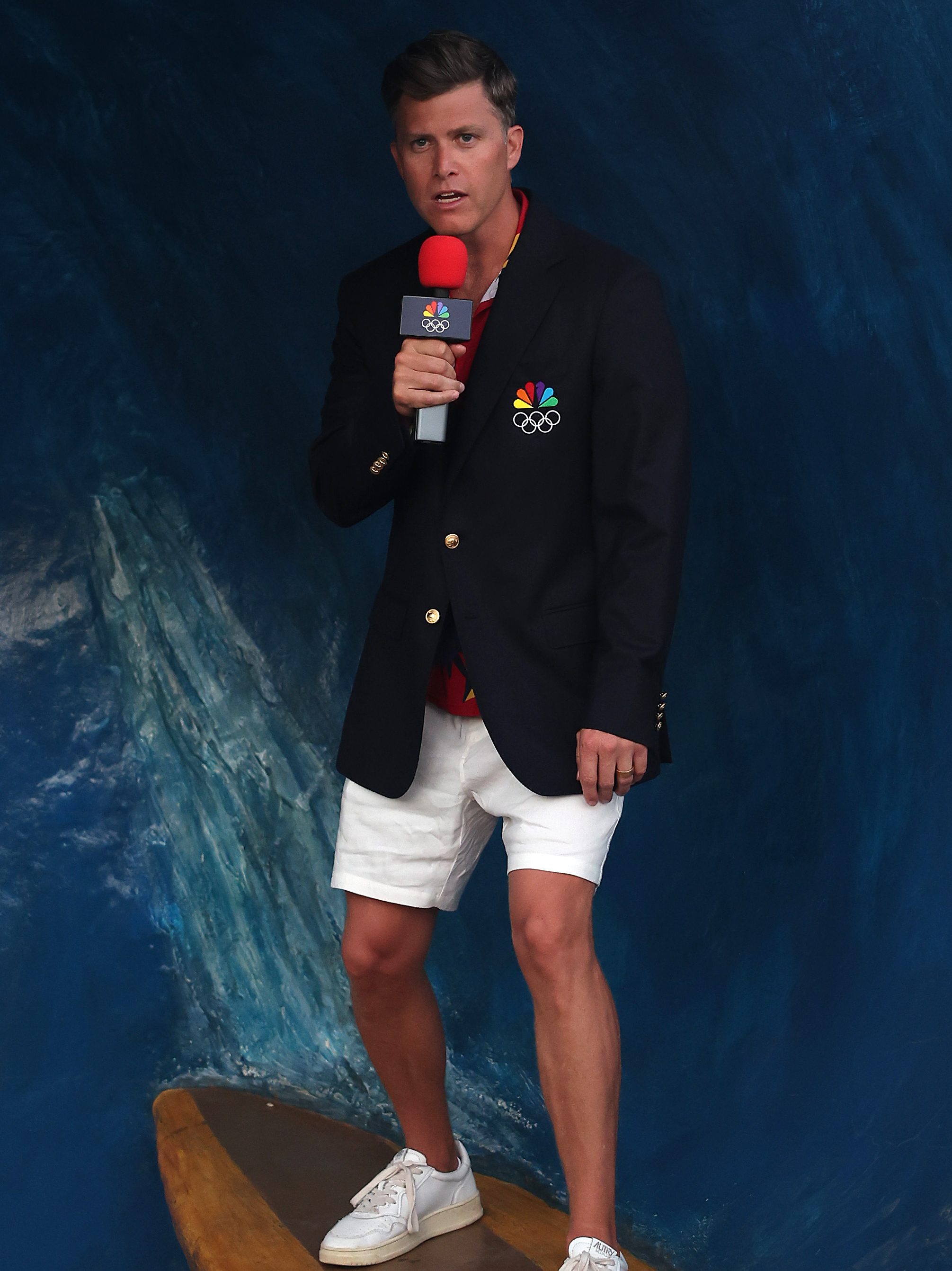 Colin Jost films a segment as he covers Olympic Surfing in Tahiti