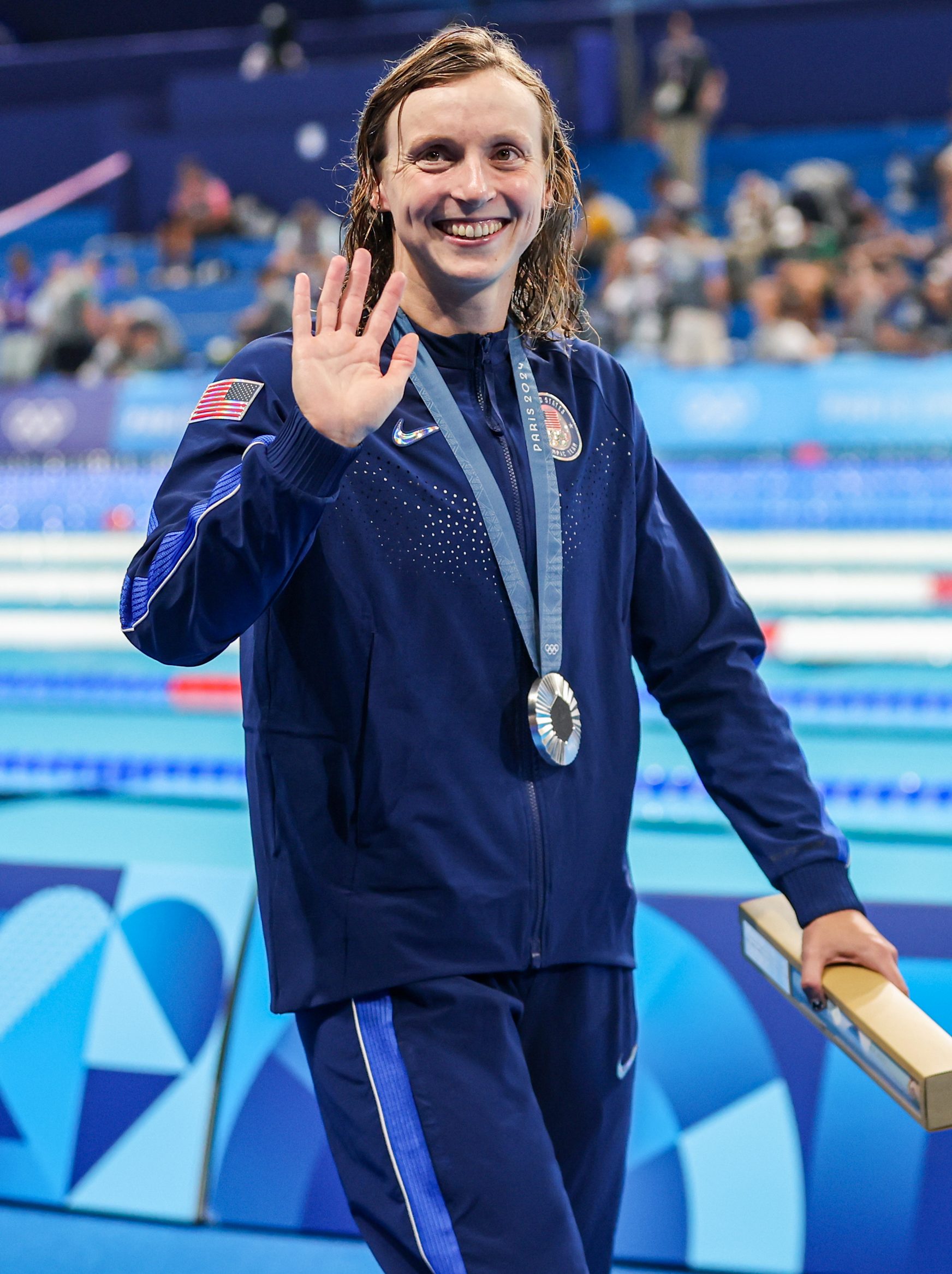 Silver medal for Katie Ledecky of USA during the Swimming Women's 4 x 200m Freestyle Relay Final