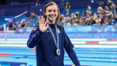 Silver medal for Katie Ledecky of USA during the Swimming Women's 4 x 200m Freestyle Relay Final