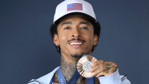 PARIS, FRANCE - JULY 30: (BROADCAST-OUT) Olympian Nyjah Huston of Team United States poses on the Today Show Set on July 30, 2024 in Paris, France. (Photo by Kristy Sparow/Getty Images)